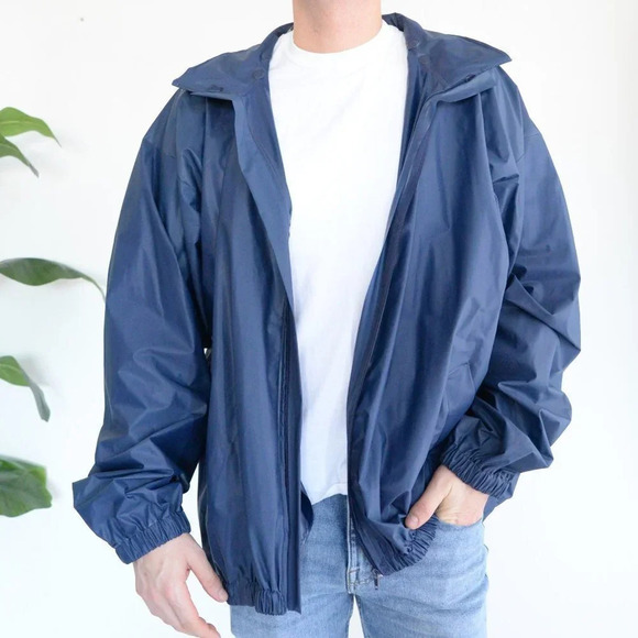 Rest  & Relaxation R&R Vintage Navy Blue Raincoat with Hidden Hoodie ~ XL - Picture 1 of 12